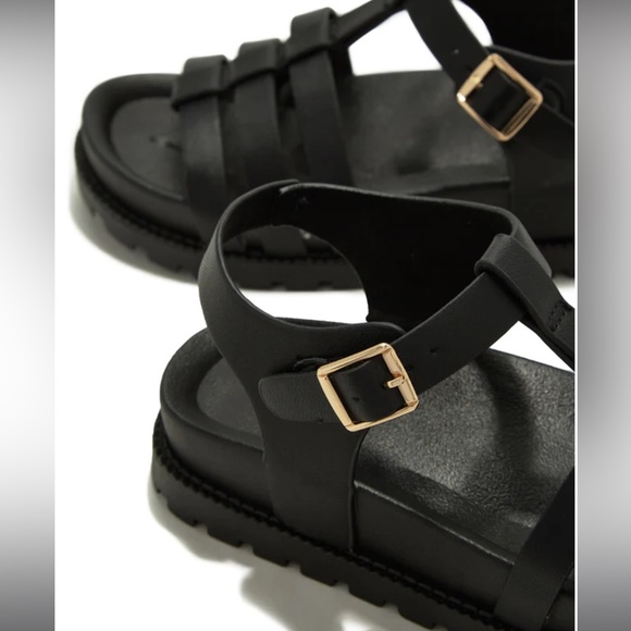 BLACK OPEN TOE FISHERMAN PLATFORM LUG SOLE SANDALS - Picture 5 of 5
